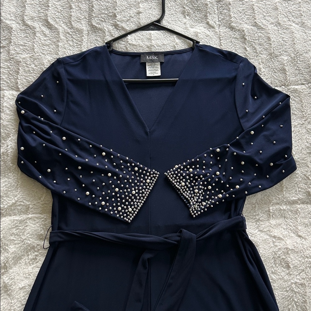 MSK Navy Blue 3/4 Sleeve Dress with Pearl Details